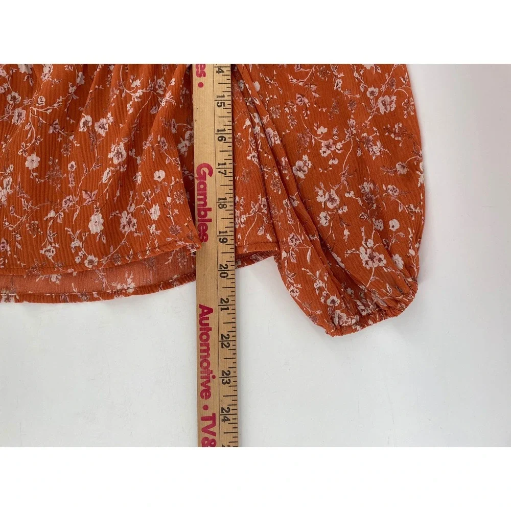 ASTR Floral Babydoll Top Womens Medium Burnt Orange Puff Sleeve Y2K Boho Cottage